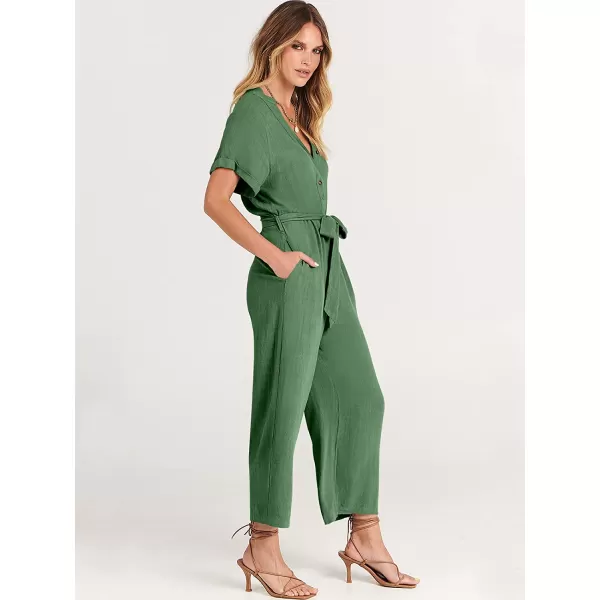 imageANRABESS Womens Short Sleeve V Neck Buttons Waist Belt Straight Wide Leg Cropped Jumpsuits Rompers with PocketsGreen
