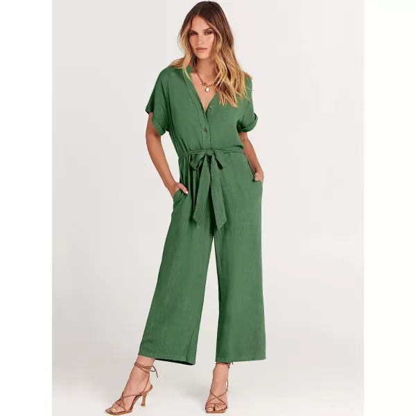 imageANRABESS Womens Short Sleeve V Neck Buttons Waist Belt Straight Wide Leg Cropped Jumpsuits Rompers with PocketsGreen