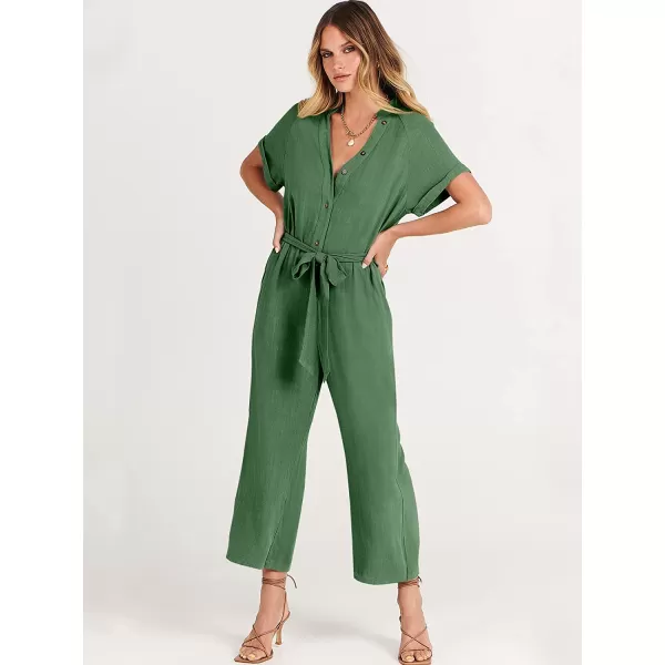 imageANRABESS Womens Short Sleeve V Neck Buttons Waist Belt Straight Wide Leg Cropped Jumpsuits Rompers with PocketsGreen