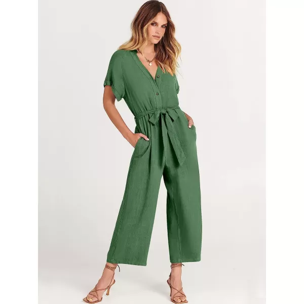imageANRABESS Womens Short Sleeve V Neck Buttons Waist Belt Straight Wide Leg Cropped Jumpsuits Rompers with PocketsGreen