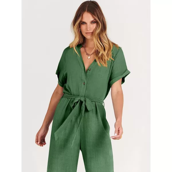 imageANRABESS Womens Short Sleeve V Neck Buttons Waist Belt Straight Wide Leg Cropped Jumpsuits Rompers with PocketsGreen