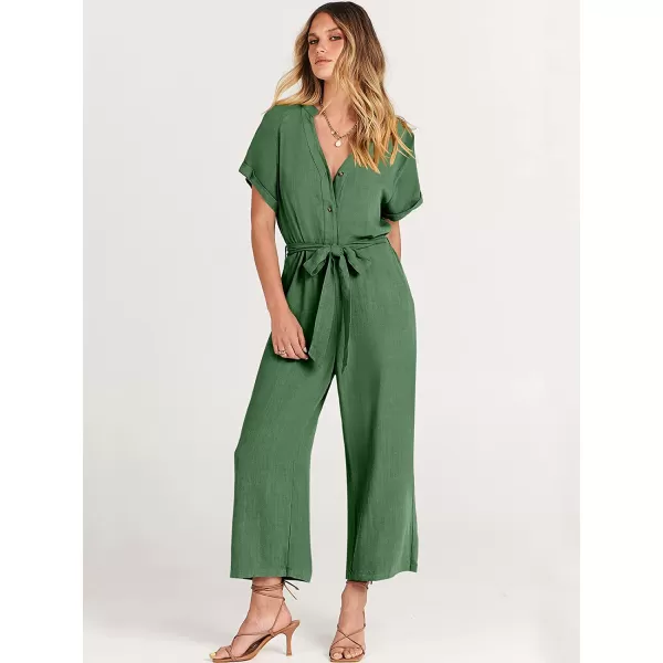 imageANRABESS Womens Short Sleeve V Neck Buttons Waist Belt Straight Wide Leg Cropped Jumpsuits Rompers with PocketsGreen
