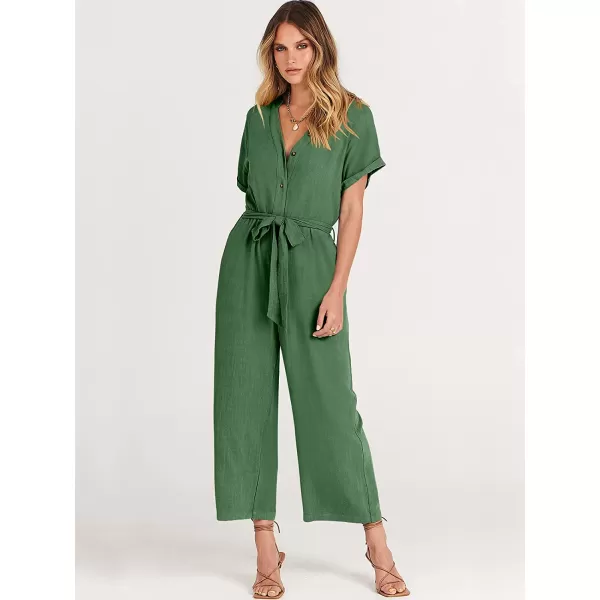imageANRABESS Womens Short Sleeve V Neck Buttons Waist Belt Straight Wide Leg Cropped Jumpsuits Rompers with PocketsGreen