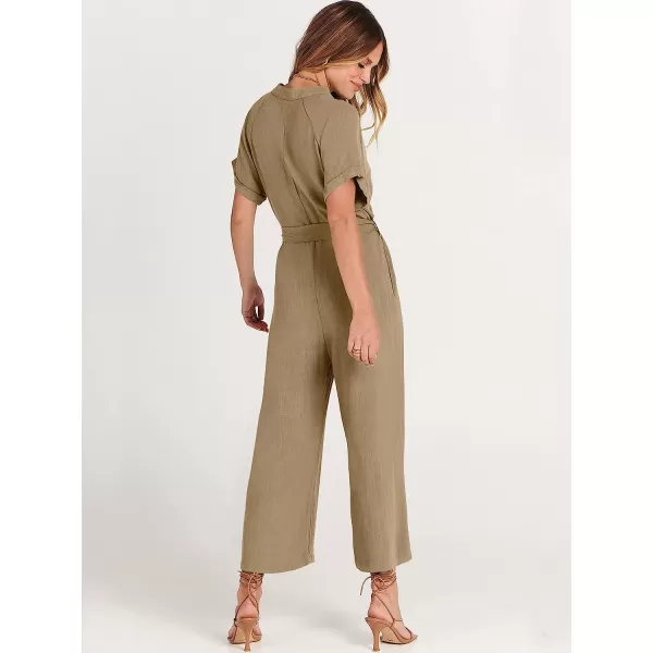 imageANRABESS Womens Short Sleeve V Neck Buttons Waist Belt Straight Wide Leg Cropped Jumpsuits Rompers with PocketsKhaki