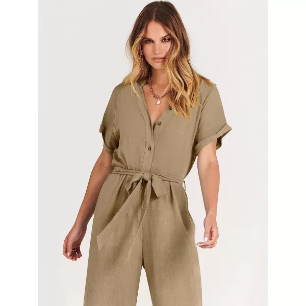 imageANRABESS Womens Short Sleeve V Neck Buttons Waist Belt Straight Wide Leg Cropped Jumpsuits Rompers with PocketsKhaki