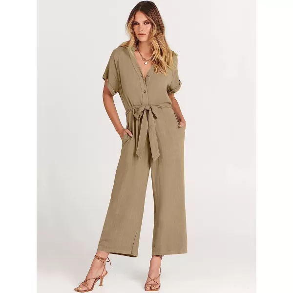 imageANRABESS Womens Short Sleeve V Neck Buttons Waist Belt Straight Wide Leg Cropped Jumpsuits Rompers with PocketsKhaki