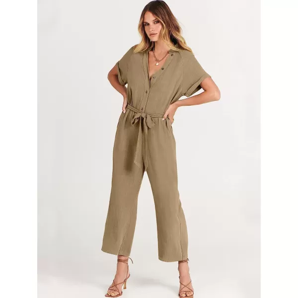 imageANRABESS Womens Short Sleeve V Neck Buttons Waist Belt Straight Wide Leg Cropped Jumpsuits Rompers with PocketsKhaki