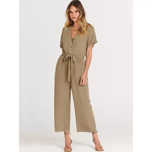 imageANRABESS Womens Short Sleeve V Neck Buttons Waist Belt Straight Wide Leg Cropped Jumpsuits Rompers with PocketsKhaki