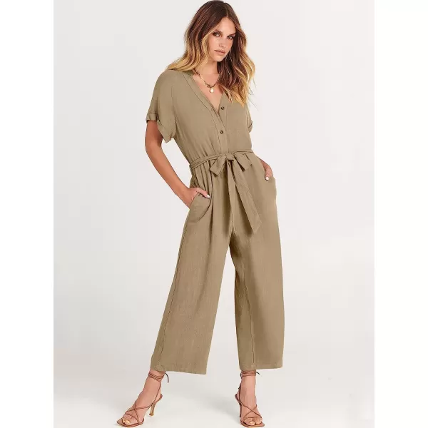 imageANRABESS Womens Short Sleeve V Neck Buttons Waist Belt Straight Wide Leg Cropped Jumpsuits Rompers with PocketsKhaki