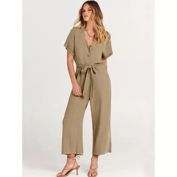 imageANRABESS Womens Short Sleeve V Neck Buttons Waist Belt Straight Wide Leg Cropped Jumpsuits Rompers with PocketsKhaki