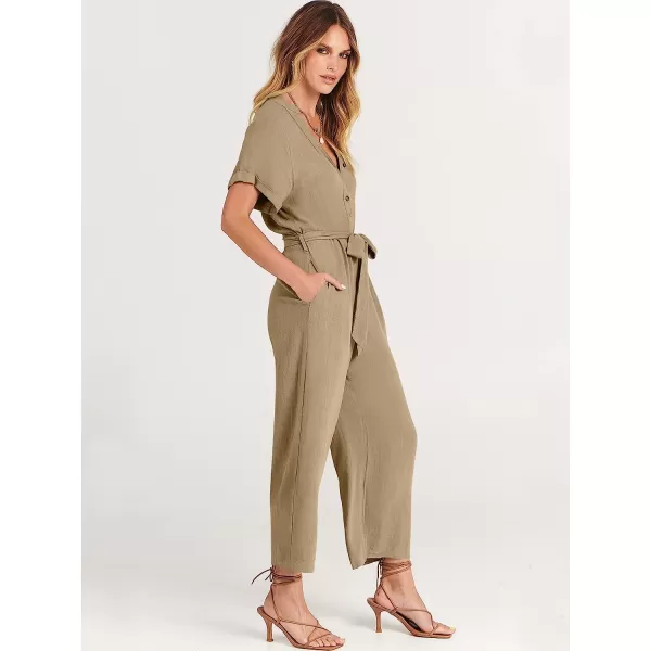 imageANRABESS Womens Short Sleeve V Neck Buttons Waist Belt Straight Wide Leg Cropped Jumpsuits Rompers with PocketsKhaki