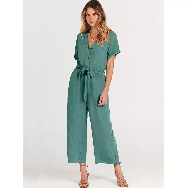 imageANRABESS Womens Short Sleeve V Neck Buttons Waist Belt Straight Wide Leg Cropped Jumpsuits Rompers with PocketsLake