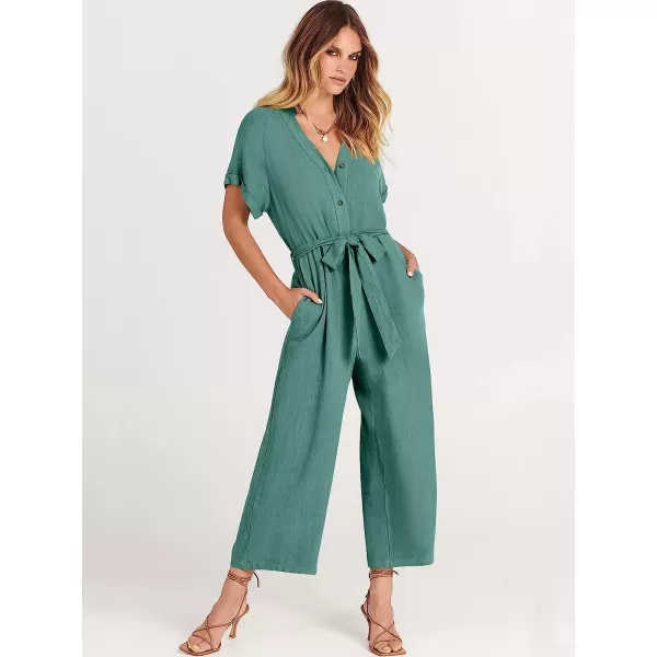 imageANRABESS Womens Short Sleeve V Neck Buttons Waist Belt Straight Wide Leg Cropped Jumpsuits Rompers with PocketsLake