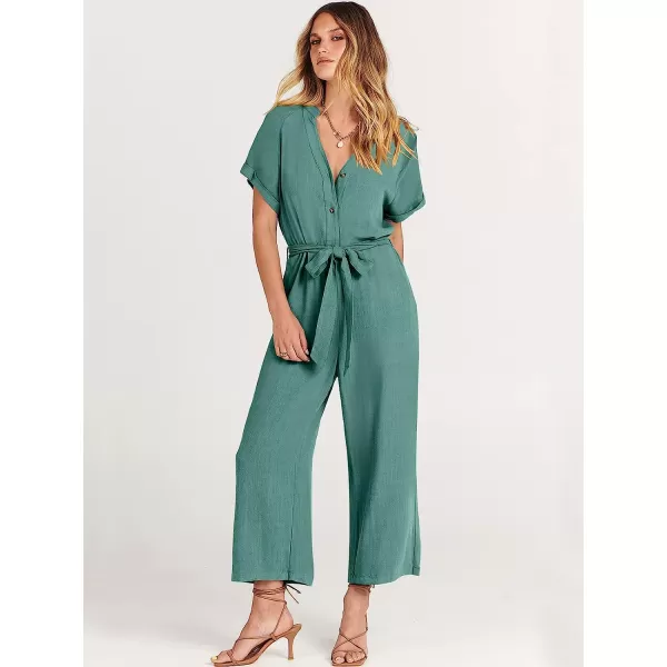 imageANRABESS Womens Short Sleeve V Neck Buttons Waist Belt Straight Wide Leg Cropped Jumpsuits Rompers with PocketsLake