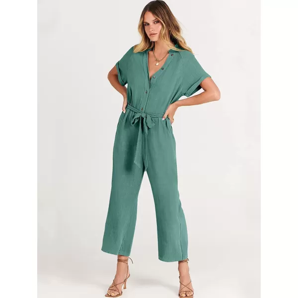 imageANRABESS Womens Short Sleeve V Neck Buttons Waist Belt Straight Wide Leg Cropped Jumpsuits Rompers with PocketsLake