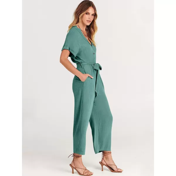 imageANRABESS Womens Short Sleeve V Neck Buttons Waist Belt Straight Wide Leg Cropped Jumpsuits Rompers with PocketsLake