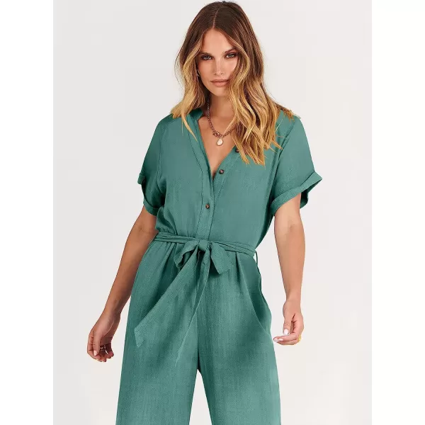 imageANRABESS Womens Short Sleeve V Neck Buttons Waist Belt Straight Wide Leg Cropped Jumpsuits Rompers with PocketsLake