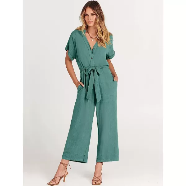 imageANRABESS Womens Short Sleeve V Neck Buttons Waist Belt Straight Wide Leg Cropped Jumpsuits Rompers with PocketsLake