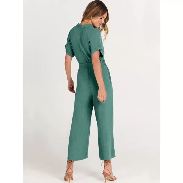 imageANRABESS Womens Short Sleeve V Neck Buttons Waist Belt Straight Wide Leg Cropped Jumpsuits Rompers with PocketsLake