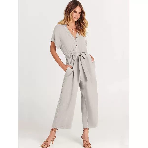 imageANRABESS Womens Short Sleeve V Neck Buttons Waist Belt Straight Wide Leg Cropped Jumpsuits Rompers with PocketsLight Grey