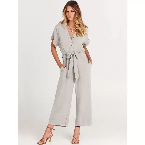 imageANRABESS Womens Short Sleeve V Neck Buttons Waist Belt Straight Wide Leg Cropped Jumpsuits Rompers with PocketsLight Grey