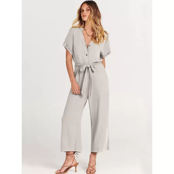 imageANRABESS Womens Short Sleeve V Neck Buttons Waist Belt Straight Wide Leg Cropped Jumpsuits Rompers with PocketsLight Grey