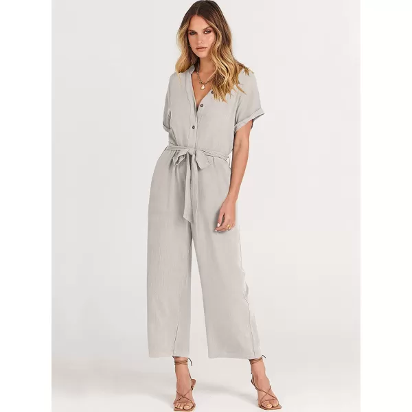 imageANRABESS Womens Short Sleeve V Neck Buttons Waist Belt Straight Wide Leg Cropped Jumpsuits Rompers with PocketsLight Grey