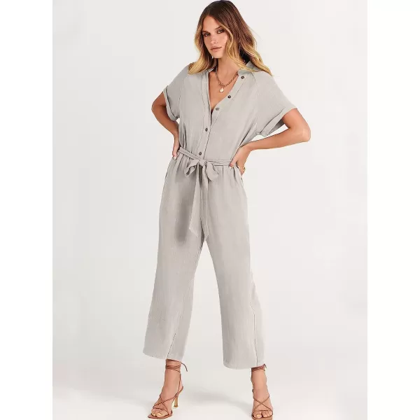 imageANRABESS Womens Short Sleeve V Neck Buttons Waist Belt Straight Wide Leg Cropped Jumpsuits Rompers with PocketsLight Grey