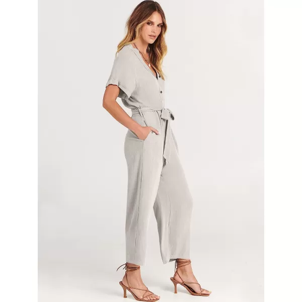 imageANRABESS Womens Short Sleeve V Neck Buttons Waist Belt Straight Wide Leg Cropped Jumpsuits Rompers with PocketsLight Grey