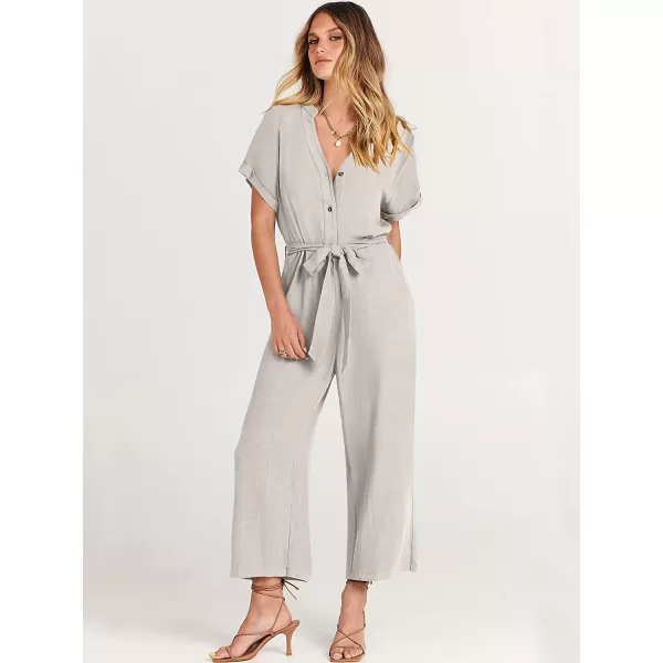 imageANRABESS Womens Short Sleeve V Neck Buttons Waist Belt Straight Wide Leg Cropped Jumpsuits Rompers with PocketsLight Grey