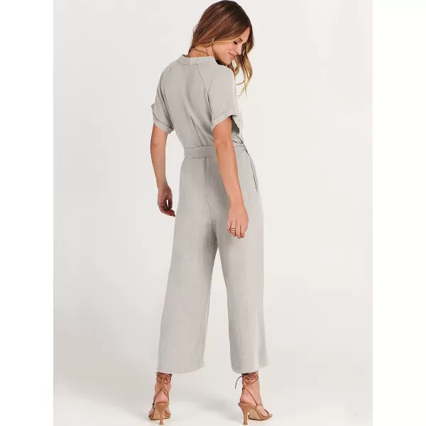 imageANRABESS Womens Short Sleeve V Neck Buttons Waist Belt Straight Wide Leg Cropped Jumpsuits Rompers with PocketsLight Grey