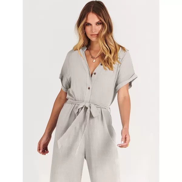 imageANRABESS Womens Short Sleeve V Neck Buttons Waist Belt Straight Wide Leg Cropped Jumpsuits Rompers with PocketsLight Grey