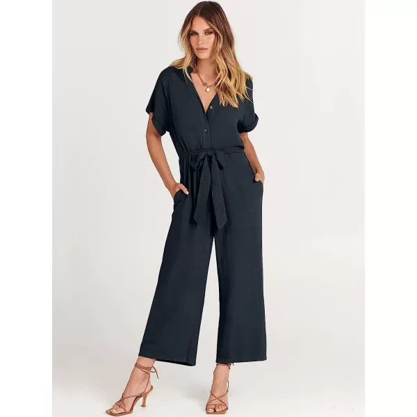 imageANRABESS Womens Short Sleeve V Neck Buttons Waist Belt Straight Wide Leg Cropped Jumpsuits Rompers with PocketsNavy Blue