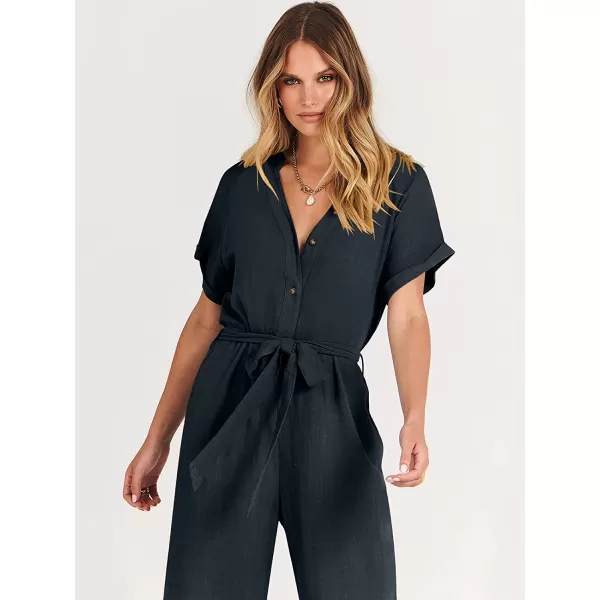 imageANRABESS Womens Short Sleeve V Neck Buttons Waist Belt Straight Wide Leg Cropped Jumpsuits Rompers with PocketsNavy Blue