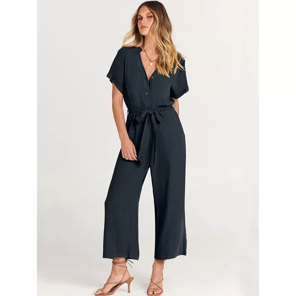 imageANRABESS Womens Short Sleeve V Neck Buttons Waist Belt Straight Wide Leg Cropped Jumpsuits Rompers with PocketsNavy Blue