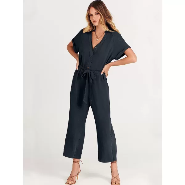 imageANRABESS Womens Short Sleeve V Neck Buttons Waist Belt Straight Wide Leg Cropped Jumpsuits Rompers with PocketsNavy Blue