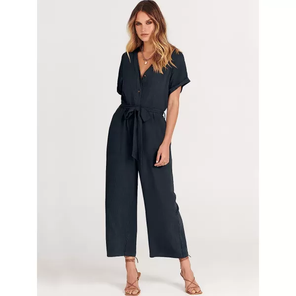 imageANRABESS Womens Short Sleeve V Neck Buttons Waist Belt Straight Wide Leg Cropped Jumpsuits Rompers with PocketsNavy Blue