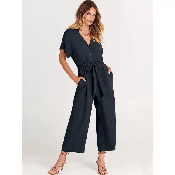 imageANRABESS Womens Short Sleeve V Neck Buttons Waist Belt Straight Wide Leg Cropped Jumpsuits Rompers with PocketsNavy Blue