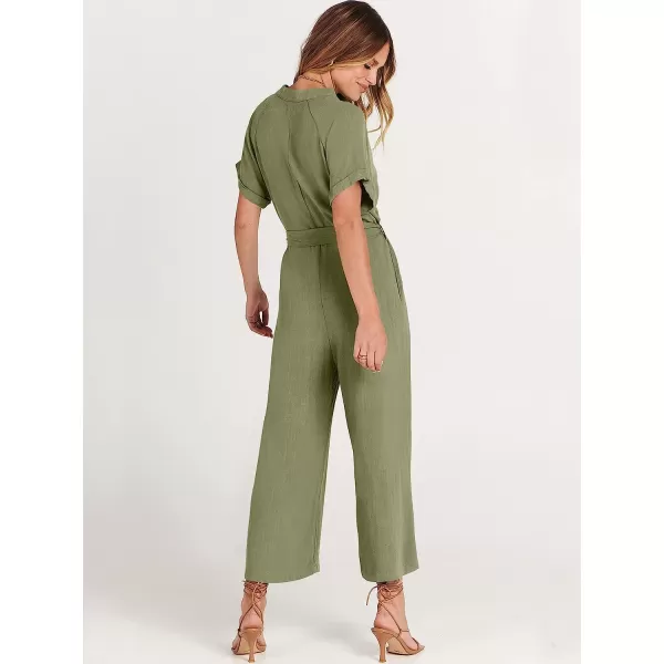 imageANRABESS Womens Short Sleeve V Neck Buttons Waist Belt Straight Wide Leg Cropped Jumpsuits Rompers with PocketsOlive