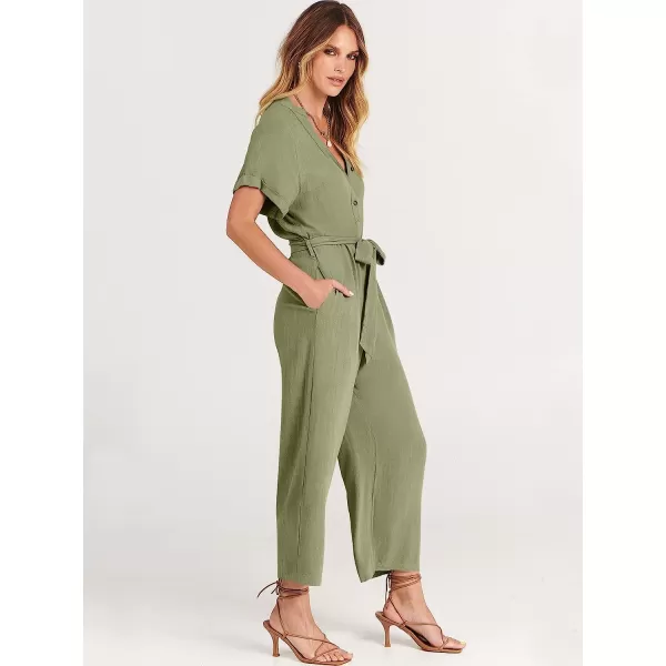 imageANRABESS Womens Short Sleeve V Neck Buttons Waist Belt Straight Wide Leg Cropped Jumpsuits Rompers with PocketsOlive