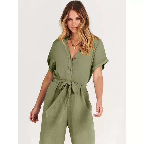 imageANRABESS Womens Short Sleeve V Neck Buttons Waist Belt Straight Wide Leg Cropped Jumpsuits Rompers with PocketsOlive