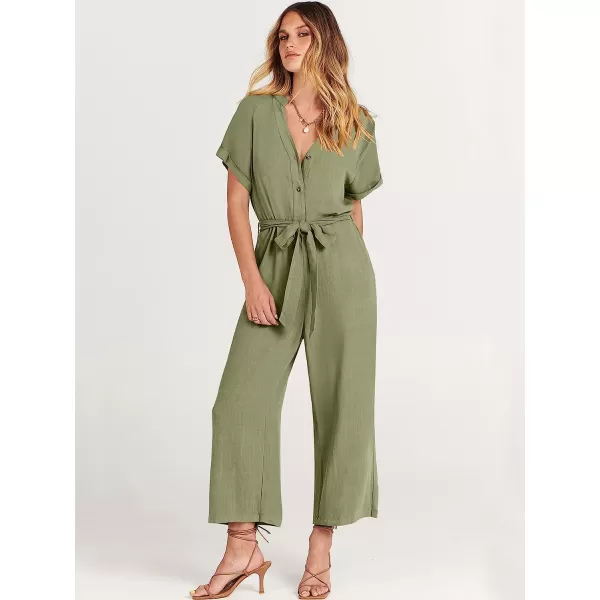 imageANRABESS Womens Short Sleeve V Neck Buttons Waist Belt Straight Wide Leg Cropped Jumpsuits Rompers with PocketsOlive