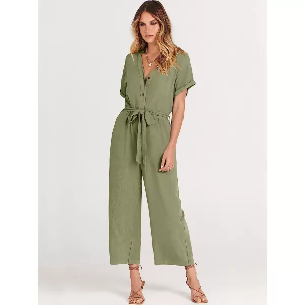imageANRABESS Womens Short Sleeve V Neck Buttons Waist Belt Straight Wide Leg Cropped Jumpsuits Rompers with PocketsOlive