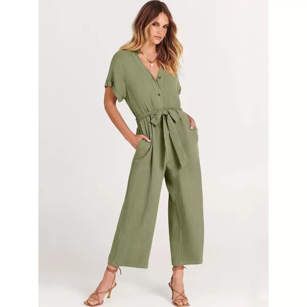 imageANRABESS Womens Short Sleeve V Neck Buttons Waist Belt Straight Wide Leg Cropped Jumpsuits Rompers with PocketsOlive