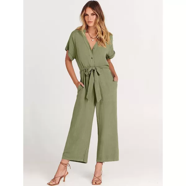 imageANRABESS Womens Short Sleeve V Neck Buttons Waist Belt Straight Wide Leg Cropped Jumpsuits Rompers with PocketsOlive