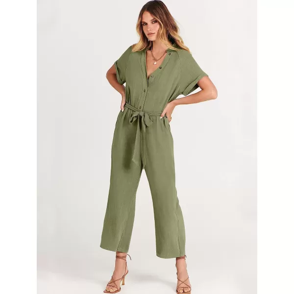 imageANRABESS Womens Short Sleeve V Neck Buttons Waist Belt Straight Wide Leg Cropped Jumpsuits Rompers with PocketsOlive