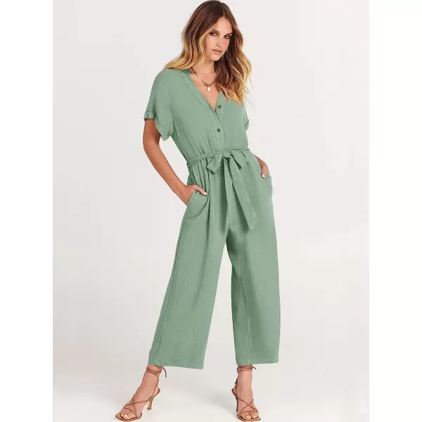 imageANRABESS Womens Short Sleeve V Neck Buttons Waist Belt Straight Wide Leg Cropped Jumpsuits Rompers with PocketsPea Green