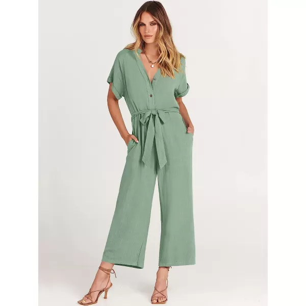 imageANRABESS Womens Short Sleeve V Neck Buttons Waist Belt Straight Wide Leg Cropped Jumpsuits Rompers with PocketsPea Green