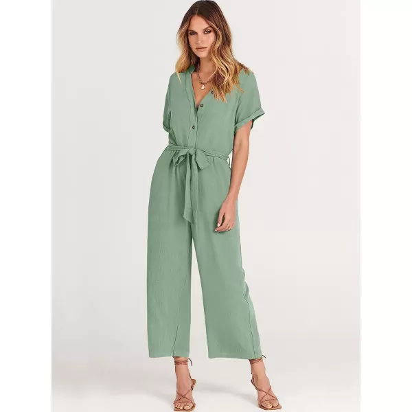 imageANRABESS Womens Short Sleeve V Neck Buttons Waist Belt Straight Wide Leg Cropped Jumpsuits Rompers with PocketsPea Green