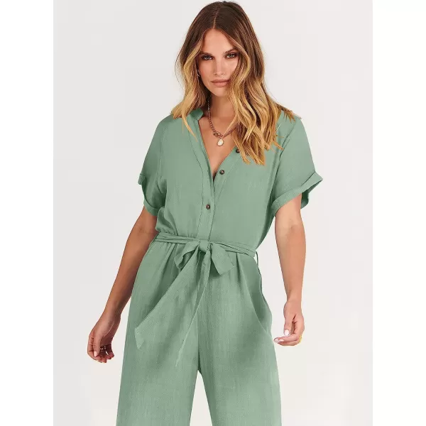 imageANRABESS Womens Short Sleeve V Neck Buttons Waist Belt Straight Wide Leg Cropped Jumpsuits Rompers with PocketsPea Green